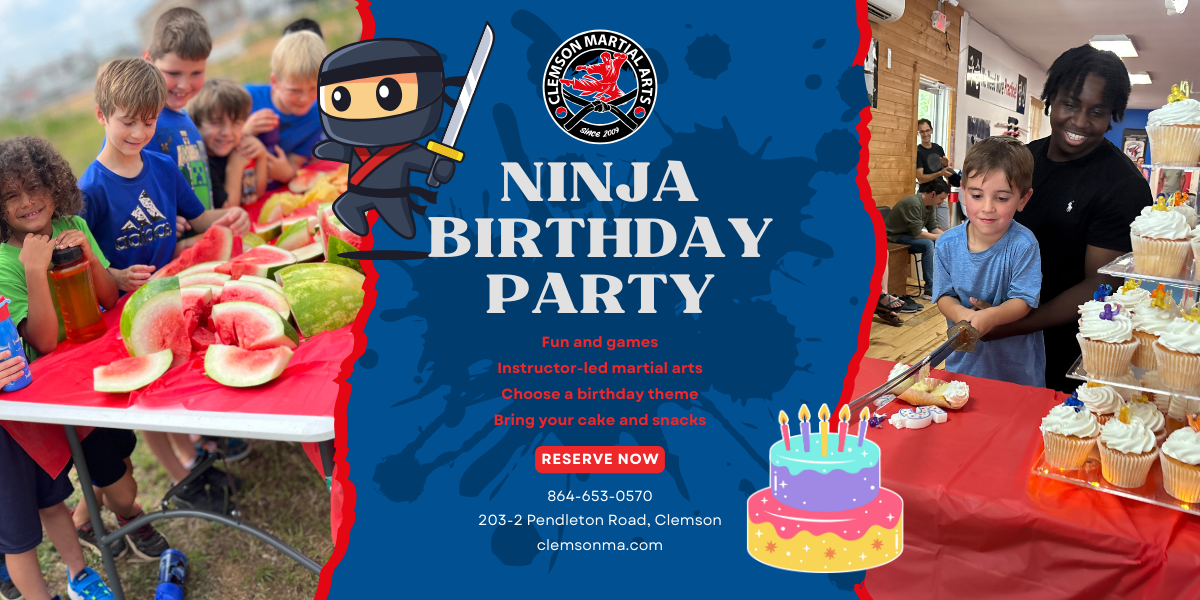 Clemson Martial Arts offers a fun and exciting birthday experience for your youngster!  Birthday Parties can be booked for up to 15 participants (this number does not include parents/observers).  If you are interested in having additional guests - please reach out to staff via the app and request additional staffing.